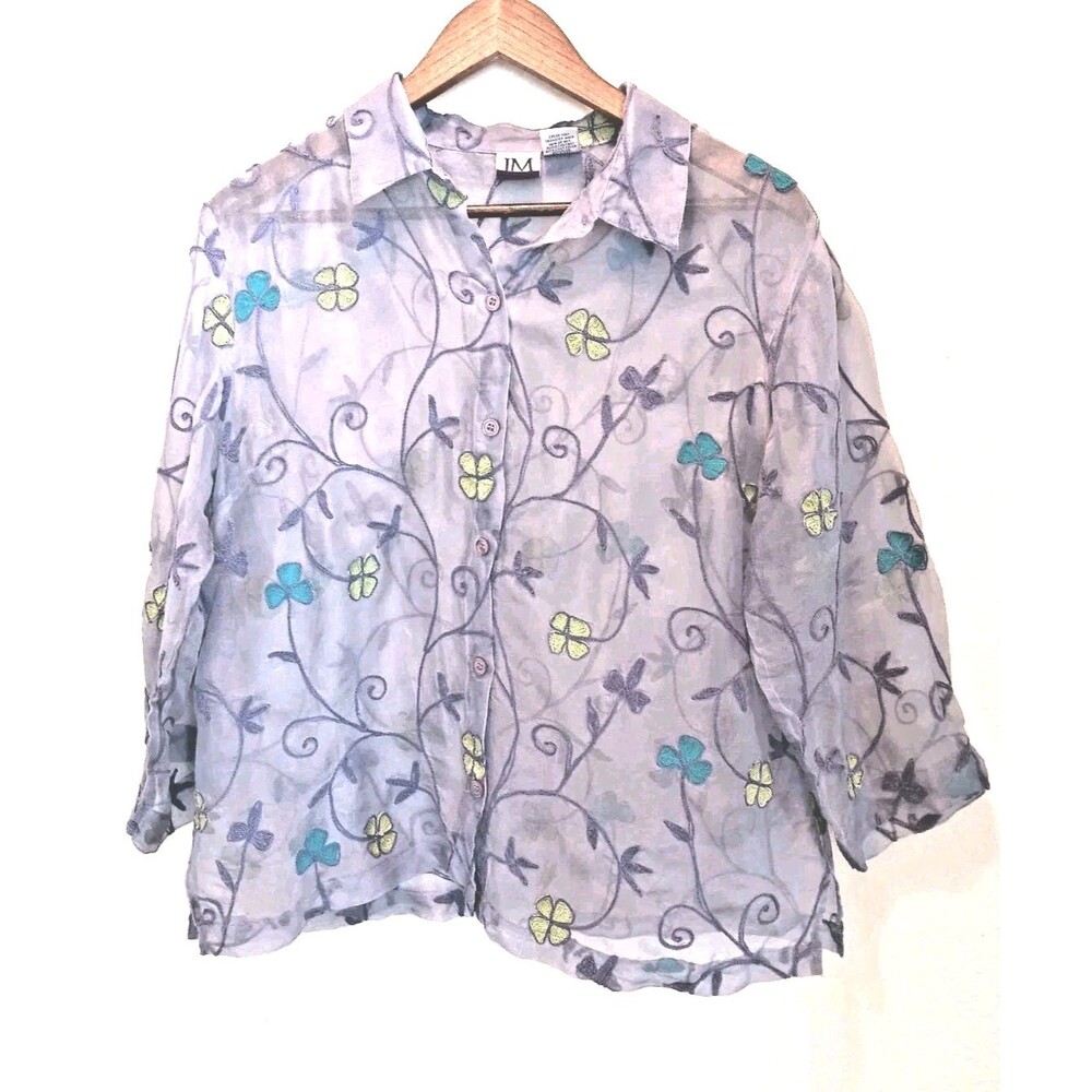 Vtg JM Collection 100% Silk Sheer Embroidered Blouse Sz L Purple Floral Boho